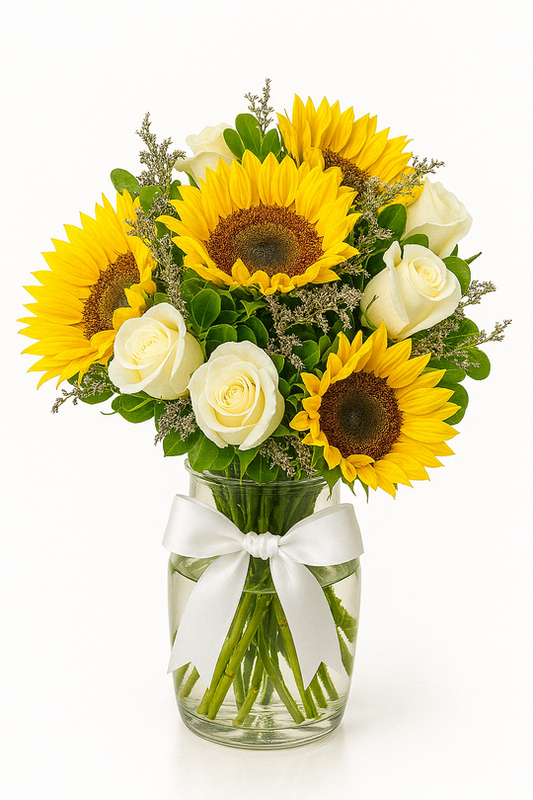 ARREGLO GIRASOLES - ROSAS BLANCAS MEDIANO -GABY